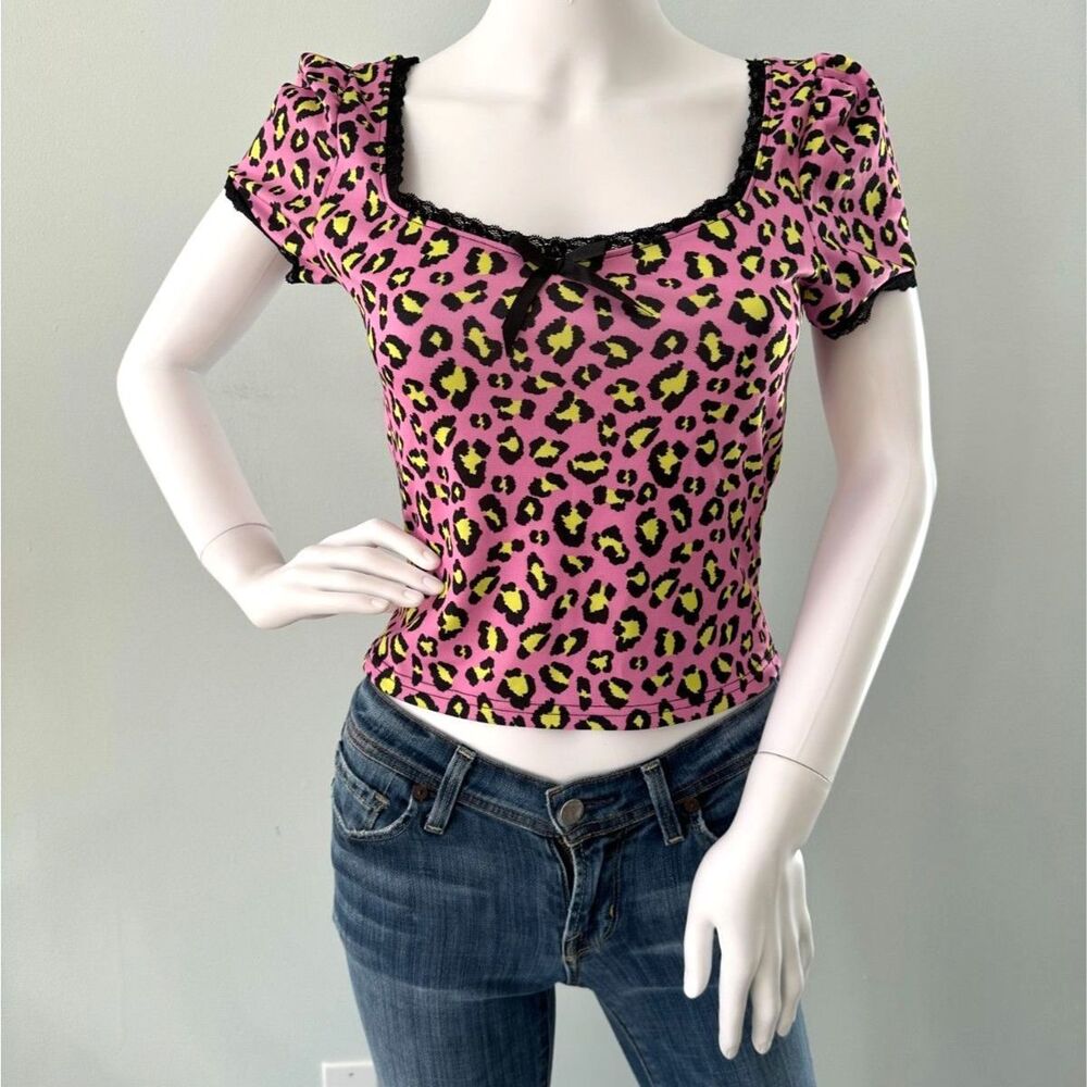 Dolls Kill x Horoscopez Pink Cheetah Print Milkmaid Peasant Top size Medium